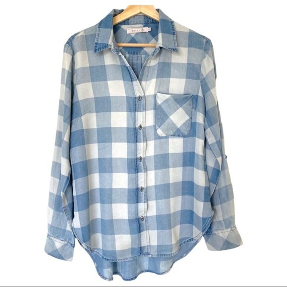 Womens Chambray Denim Button Up Top size Small Adjustable Sleeve